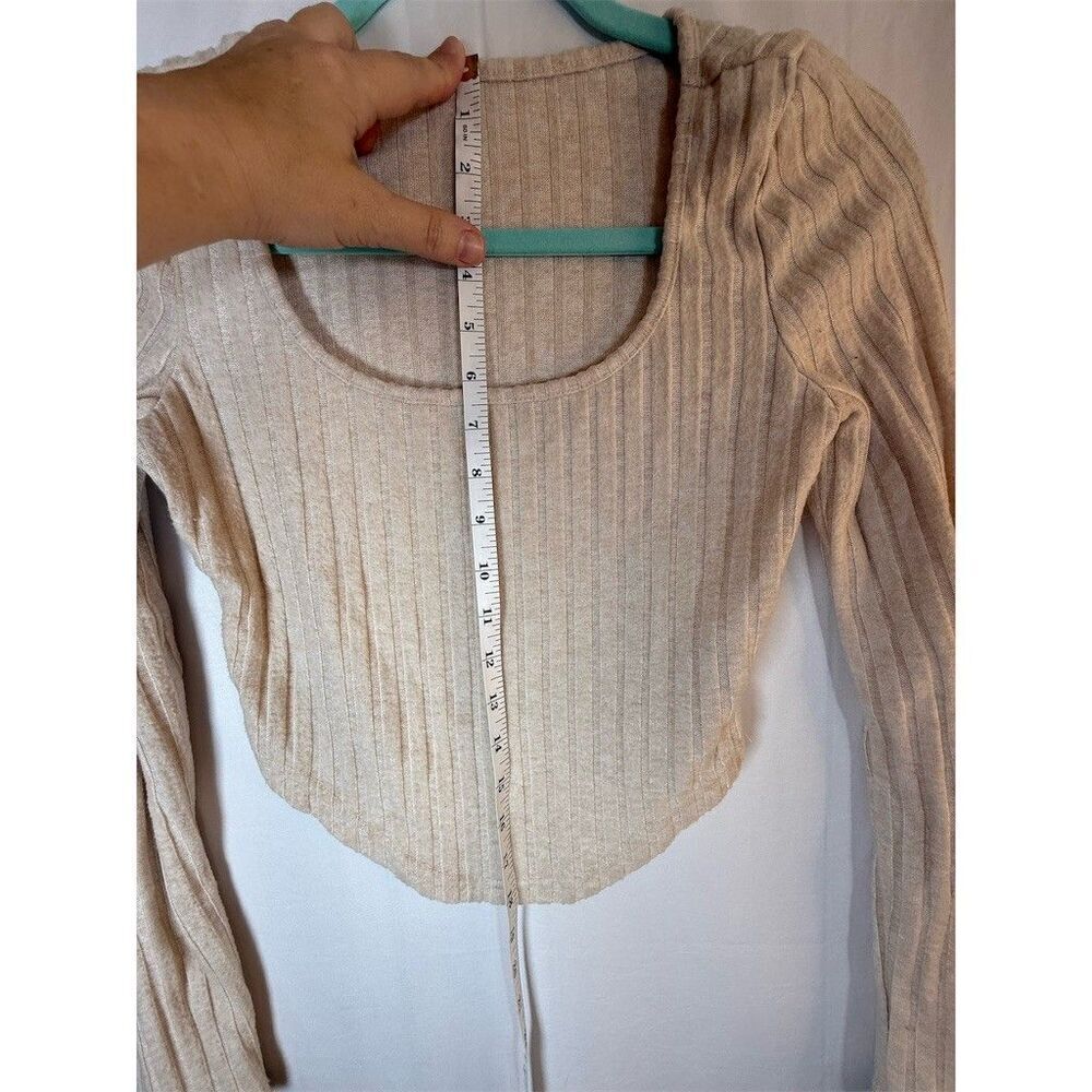 SHEIN Cropped Top Womens Size S Beige Ribbed Knit Square Neck Long Sleeve - Picture 7 of 9